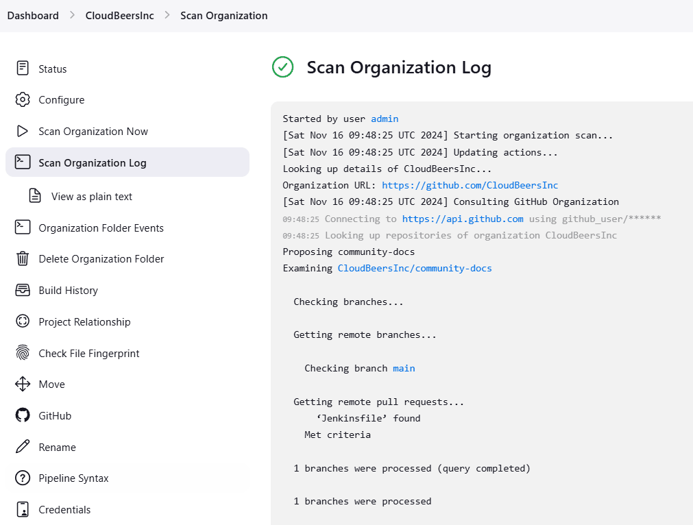 The 'Scan Organization Log' page in Jenkins for the 'CloudBeersInc' project, of the GitHub Organization Folder type, displays the scan’s progress and results. The left panel contains various navigation options, with the 'Scan Organization Log' section selected. The log indicates that the scan was initiated by the user admin along with Time and Date information. It provides details about the scan’s progress, including consulting GitHub for the repository CloudBeersInc/community-docs and processing the main branch.