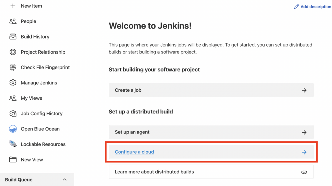 Jenkins Dashboard showing configure a cloud.